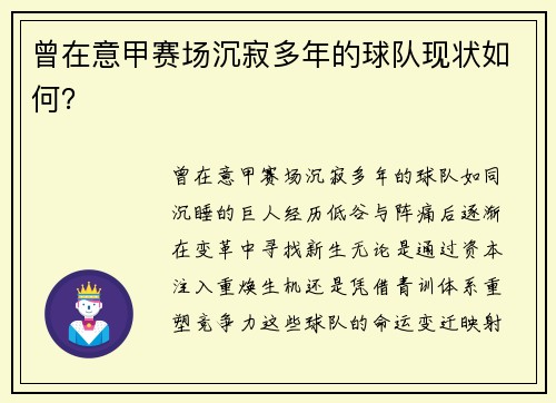 曾在意甲赛场沉寂多年的球队现状如何？